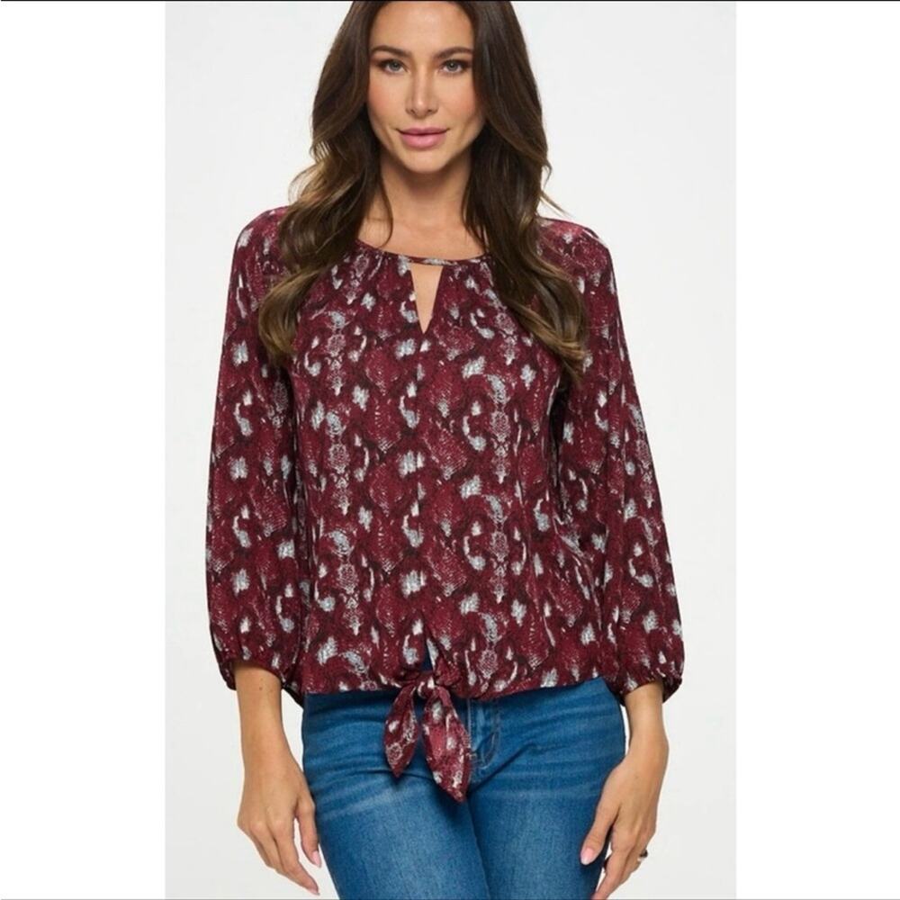 West K | NWOT Size Small Burgundy Snakeskin 3/4 Sleeve Blouse